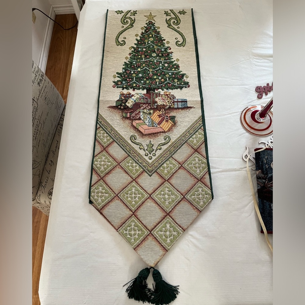 Christmas Elegance Decorated Holiday Tree 
Tapestry Table Runner, Approx 72”x13”